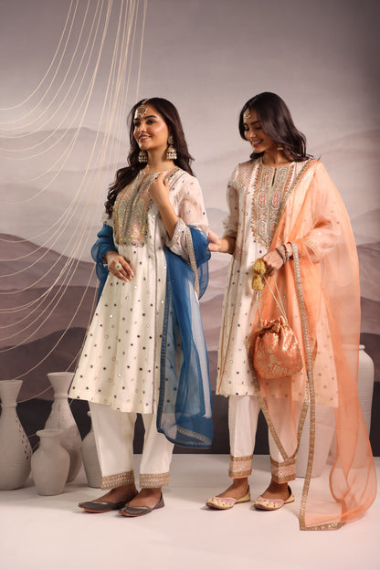 Off White Mirror Embroidered Kurta Set With Peach Accent