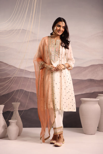 Off White Mirror Embroidered Kurta Set With Peach Accent