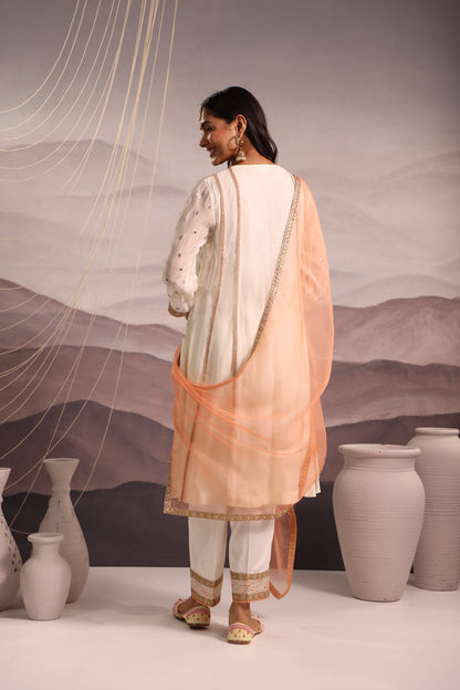 Off White Mirror Embroidered Kurta Set With Peach Accent