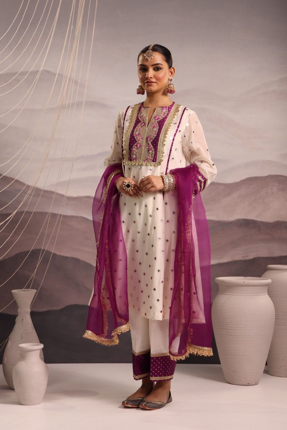 Off White Mirror Embroidered Kurta Set With Purple Brocade Yoke