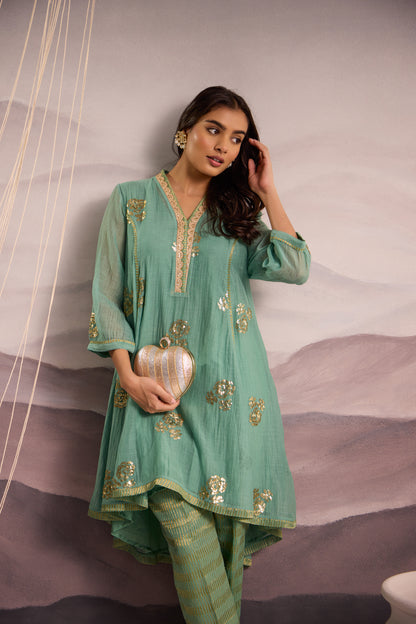 Aqua Mul Chanderi High-Low Kurta with Sequin Floral Embroidery and Tissue Pants