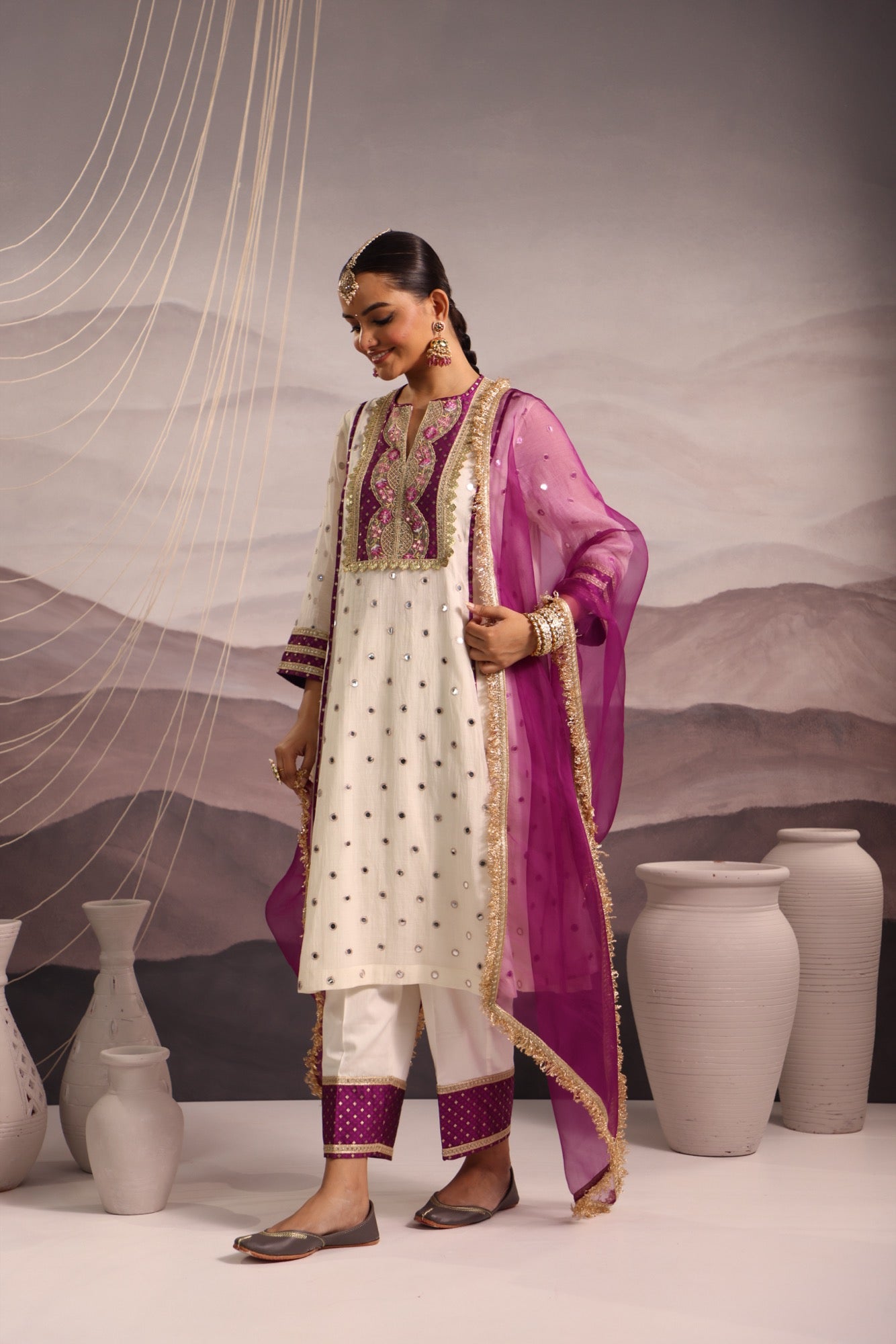 Off White Mirror Embroidered Kurta Set With Purple Brocade Yoke