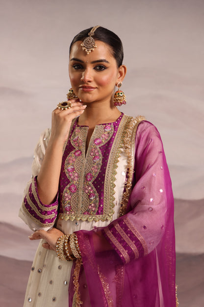 Off White Mirror Embroidered Kurta Set With Purple Brocade Yoke