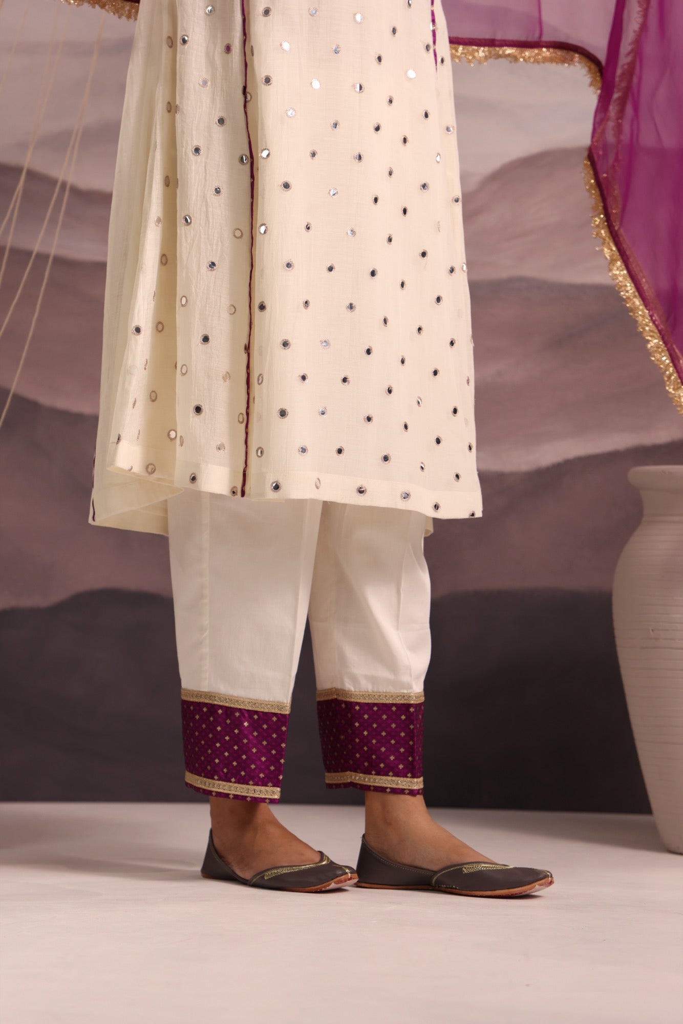 Off White Mirror Embroidered Kurta Set With Purple Brocade Yoke