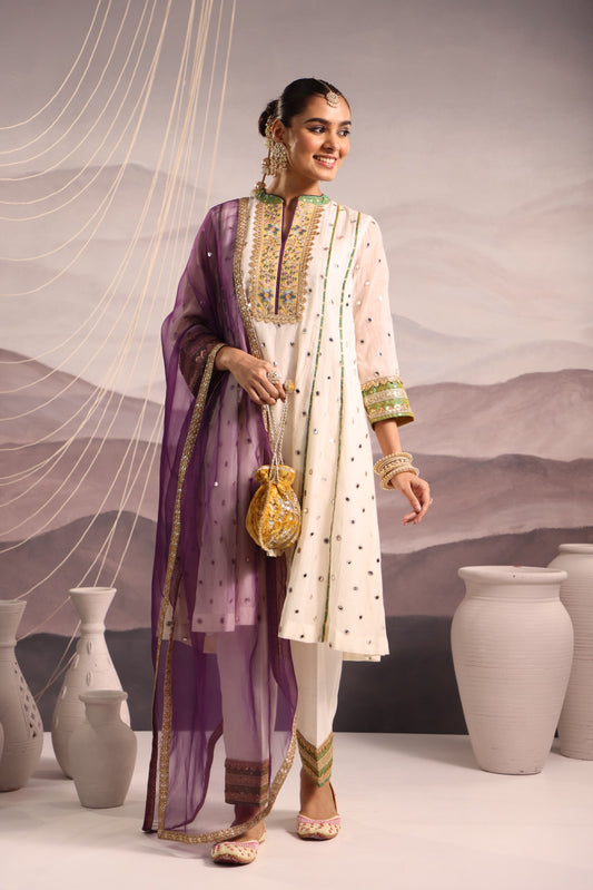 Off White Mirror Embroidered Kurta Set With Yellow and Green Yoke