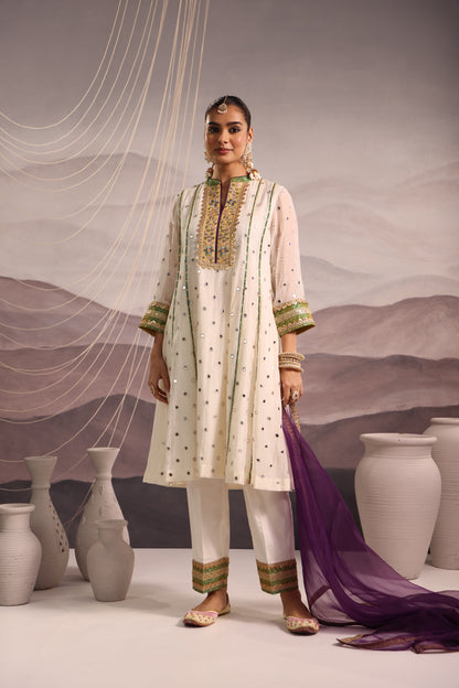 Off White Mirror Embroidered Kurta Set With Yellow and Green Yoke