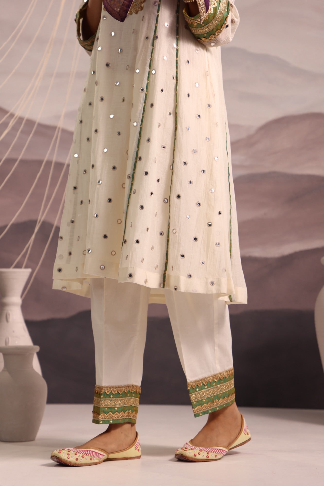 Off White Mirror Embroidered Kurta Set With Yellow and Green Yoke