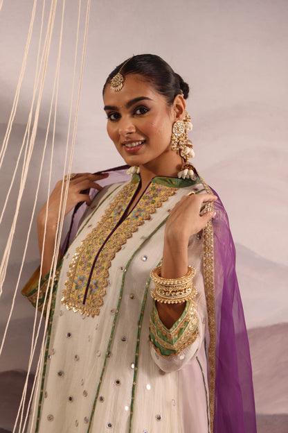 Off White Mirror Embroidered Kurta Set With Yellow and Green Yoke