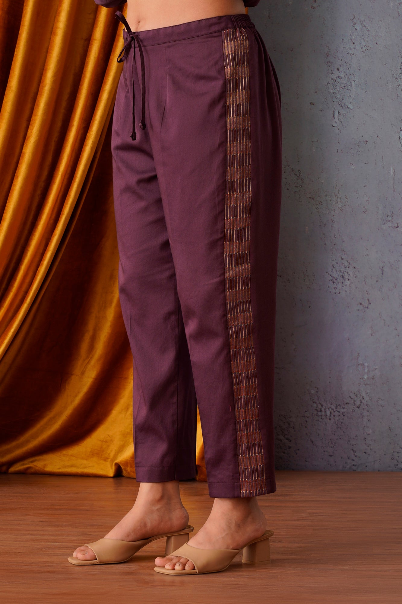 Sequin embroidered asymmetric tunic set with V-neck in Wine and side stripe pants