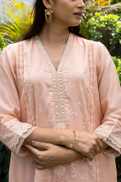 Peach Floral Jaal Embroidered Panelled Kurta Set