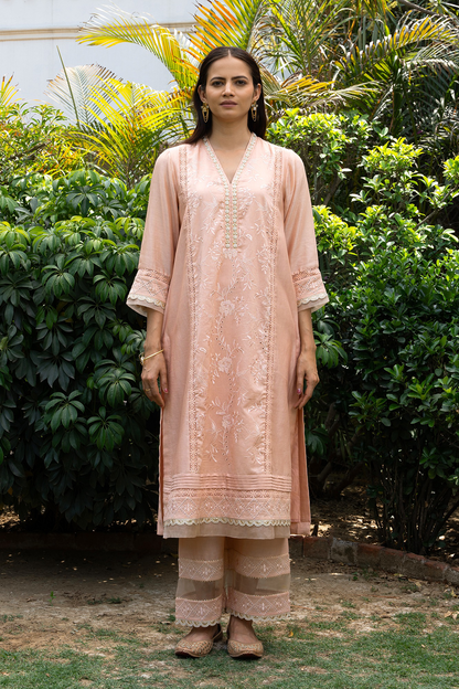 Peach Floral Jaal Embroidered Panelled Kurta Set