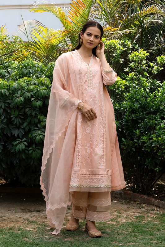 Peach Floral Jaal Embroidered Panelled Kurta Set