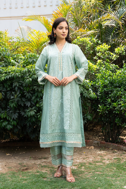 Sea-Green Floral Jaal Embroidered Panelled Kurta Set