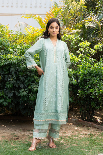 Sea-Green Floral Jaal Embroidered Panelled Kurta Set