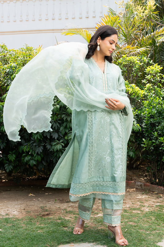 Sea-Green Floral Jaal Embroidered Panelled Kurta Set