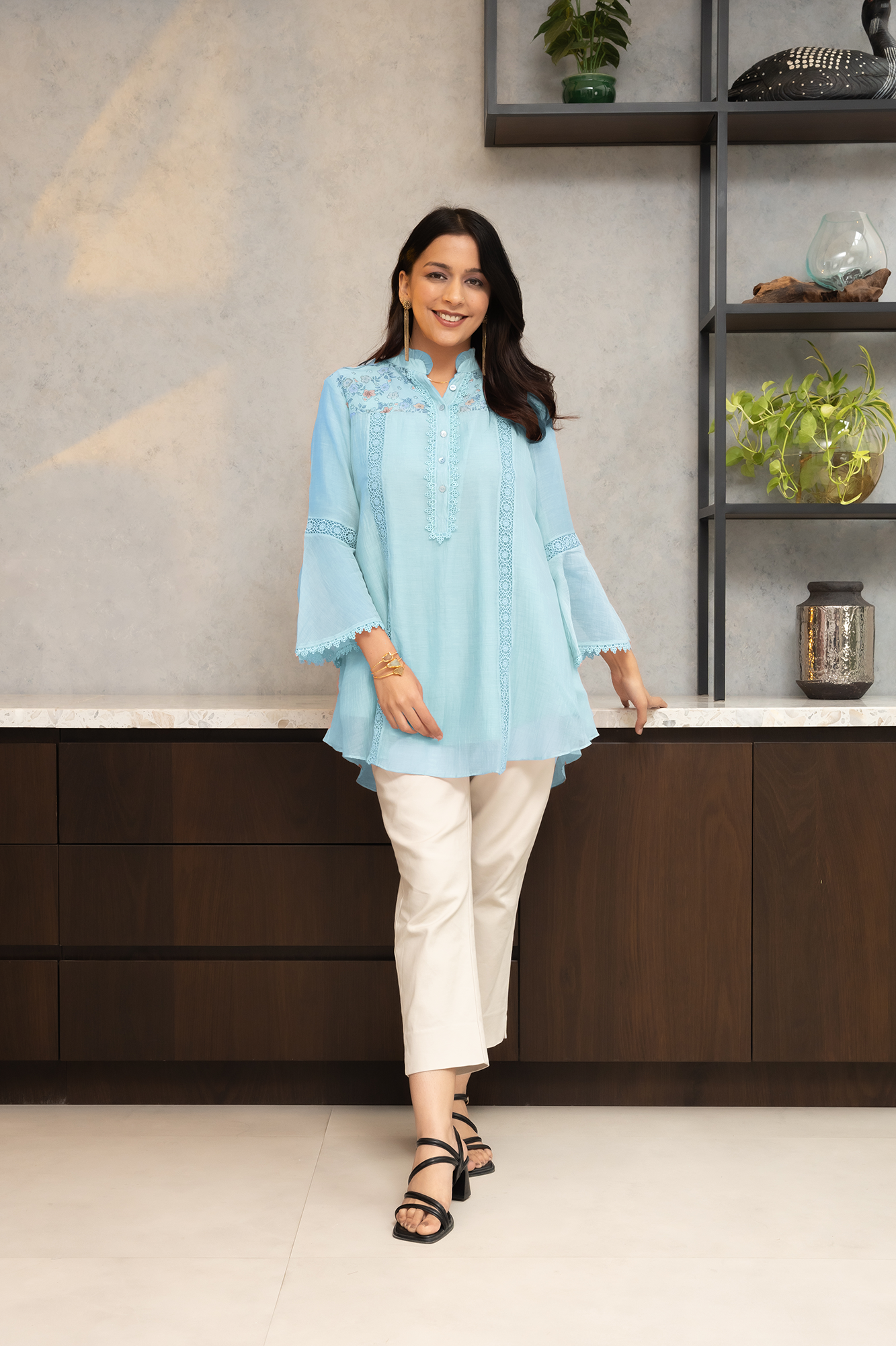 Aqua Blue Shirt with Floral shoulder yoke