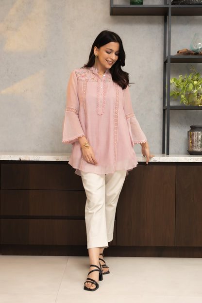 Pink Chanderi Shirt with Floral shoulder yoke