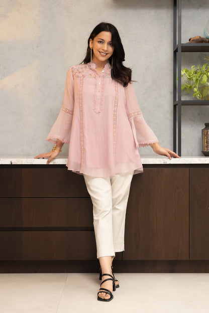 Pink Chanderi Shirt with Floral shoulder yoke