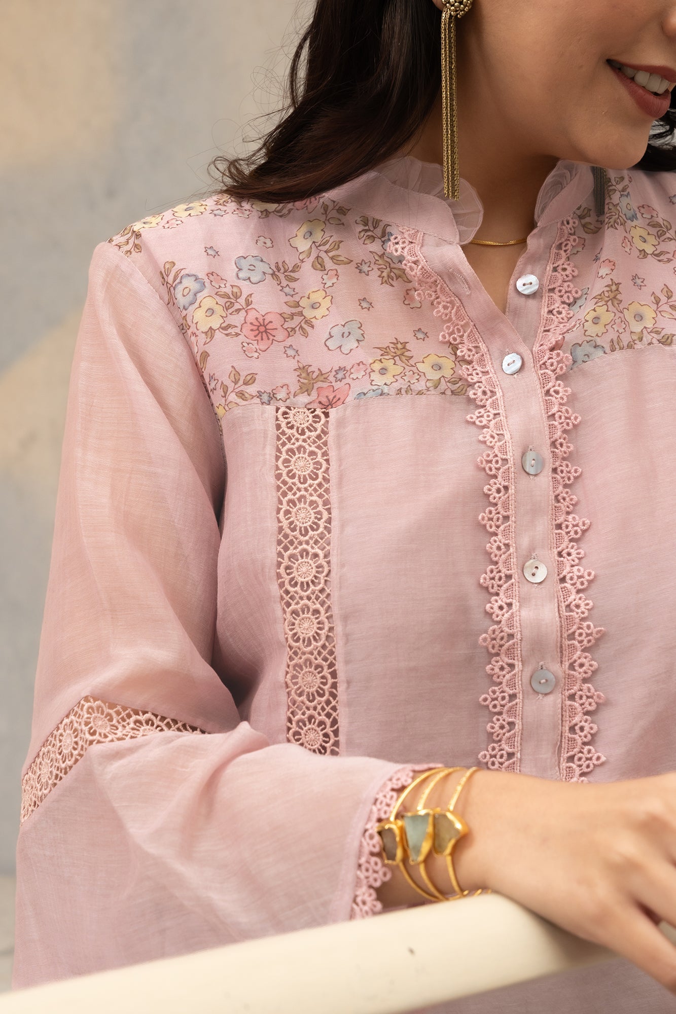 Pink Chanderi Shirt with Floral shoulder yoke