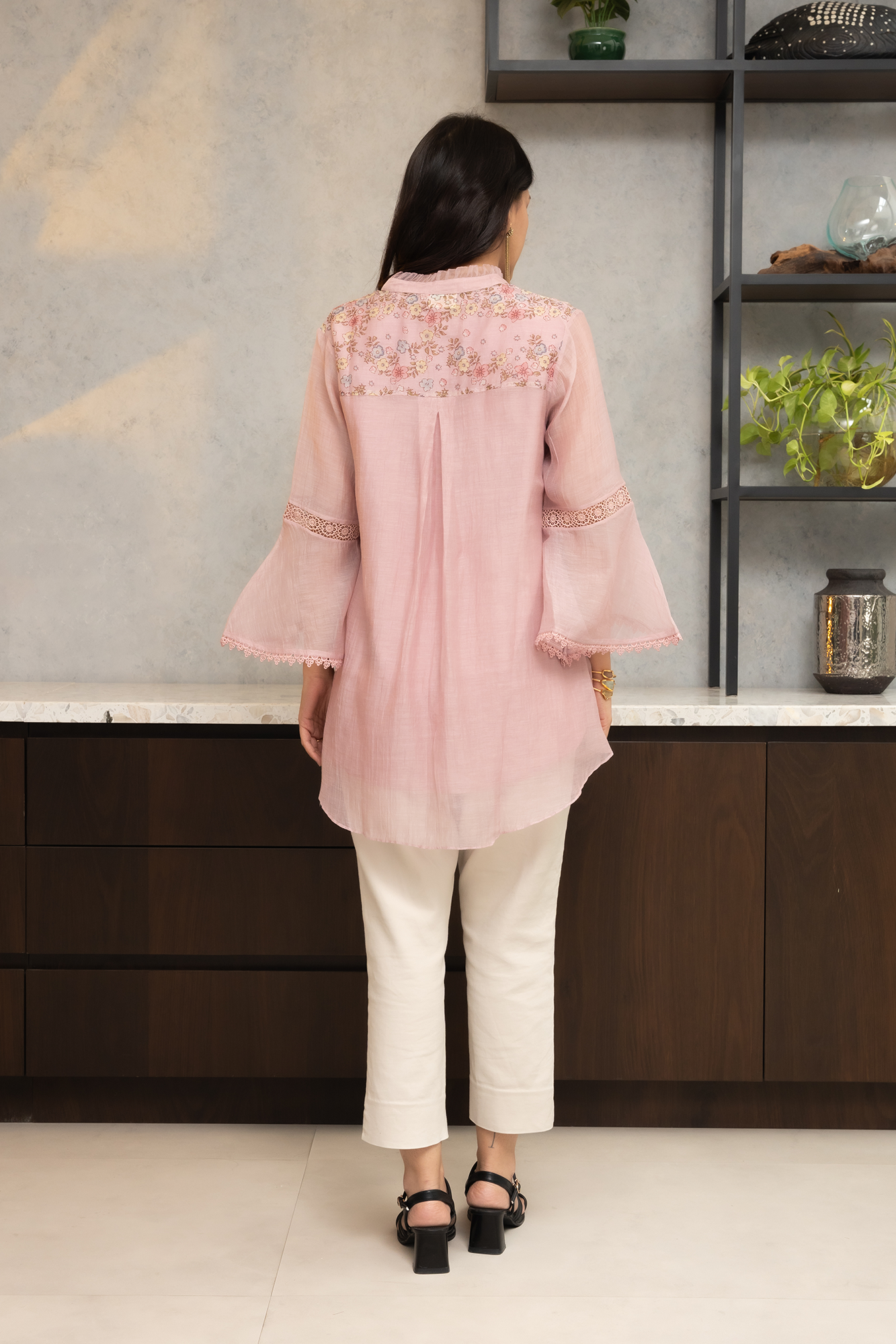 Pink Chanderi Shirt with Floral shoulder yoke