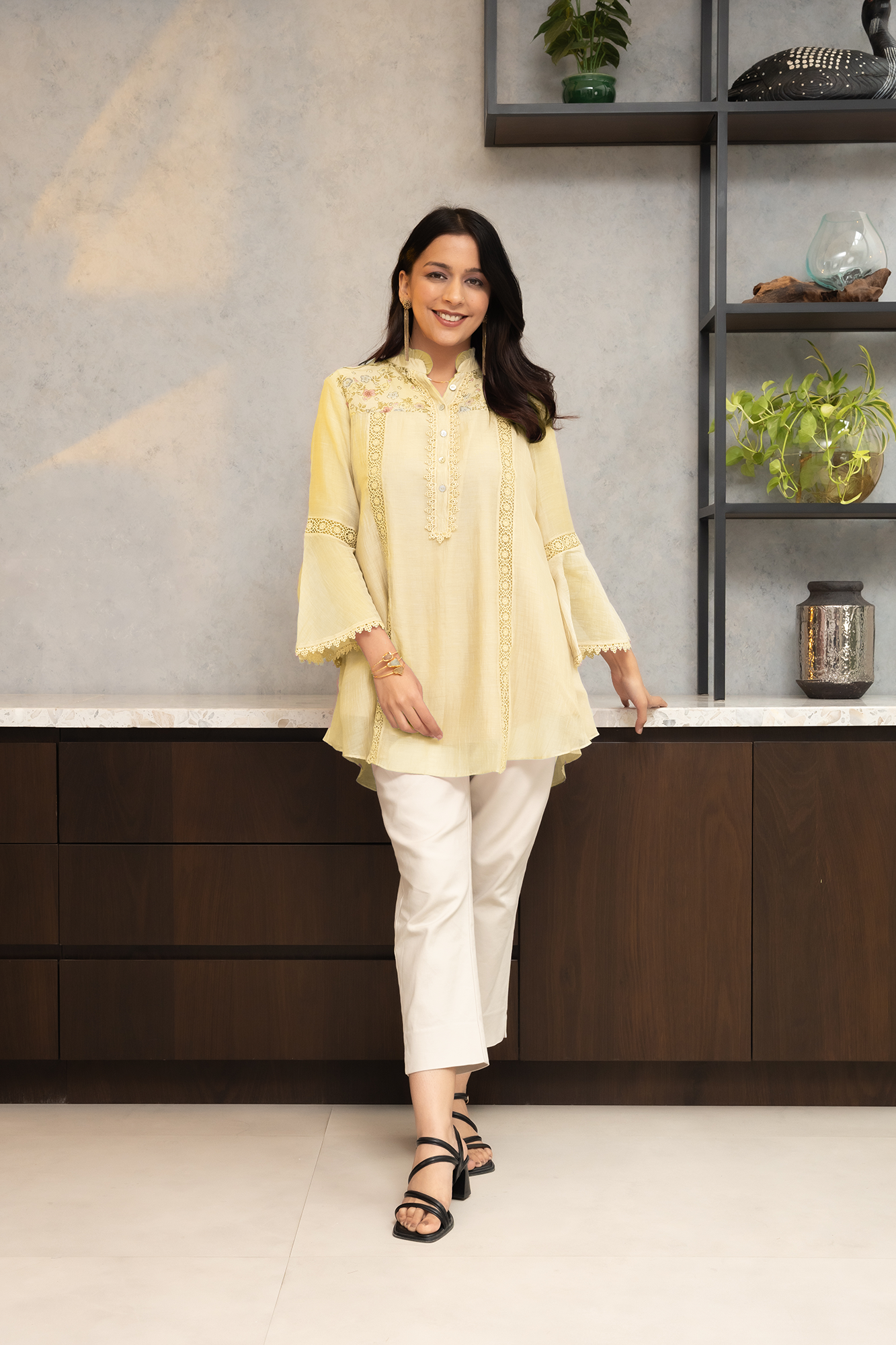 Yellow Chanderi Shirt with Floral shoulder yoke