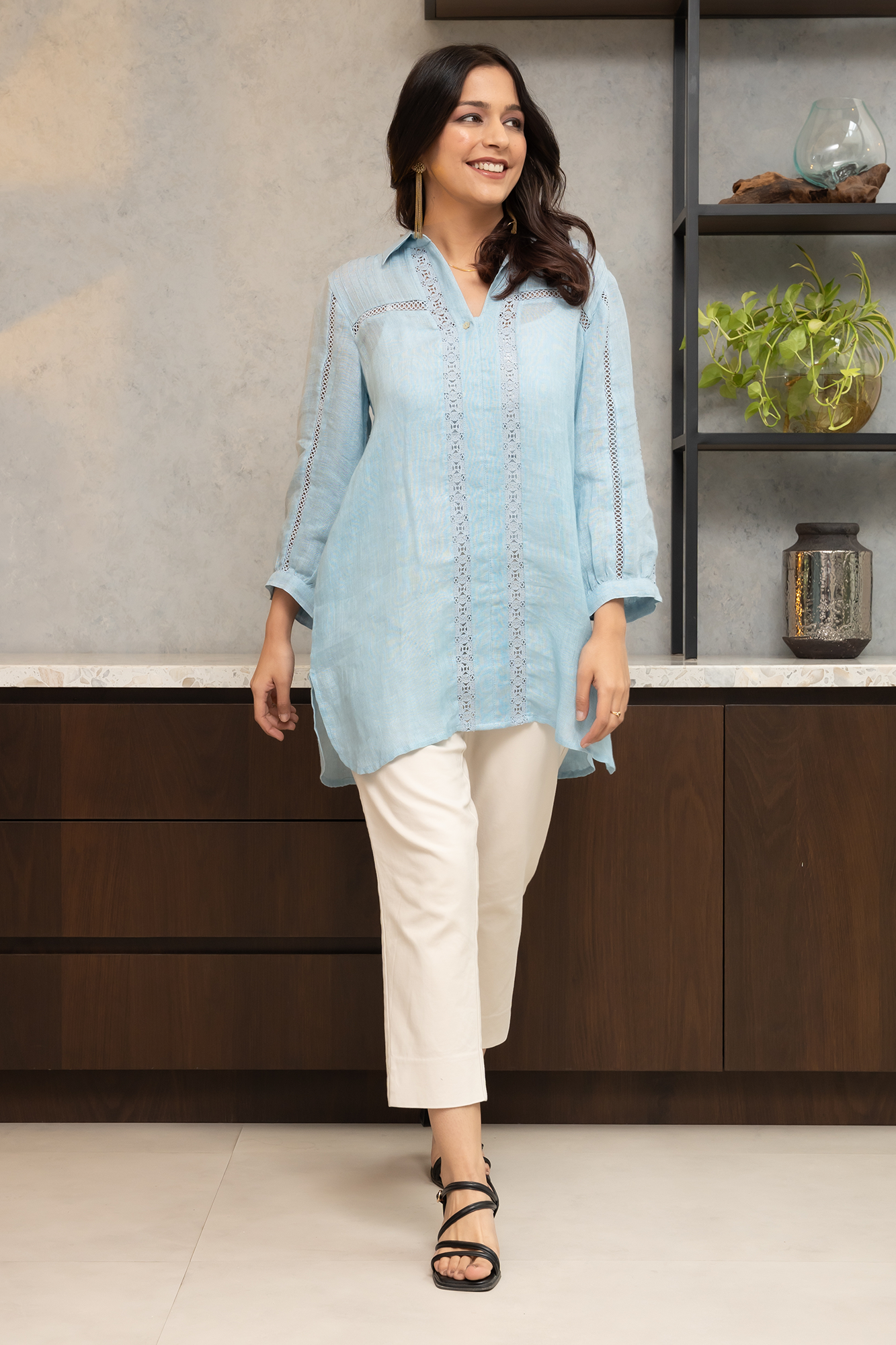 Powder-Blue Pure Linen Shirt with Lace Detailing