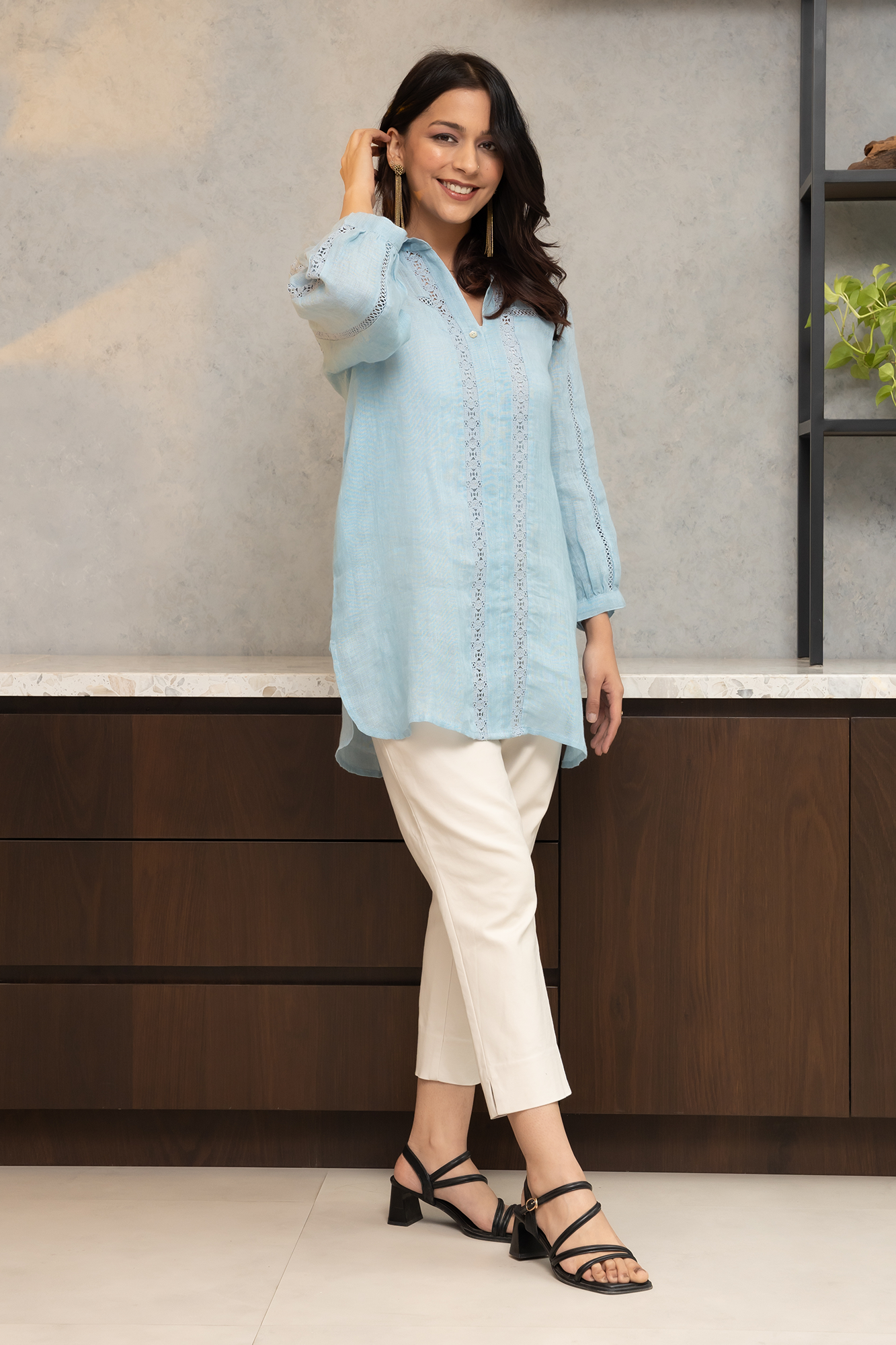 Powder-Blue Pure Linen Shirt with Lace Detailing