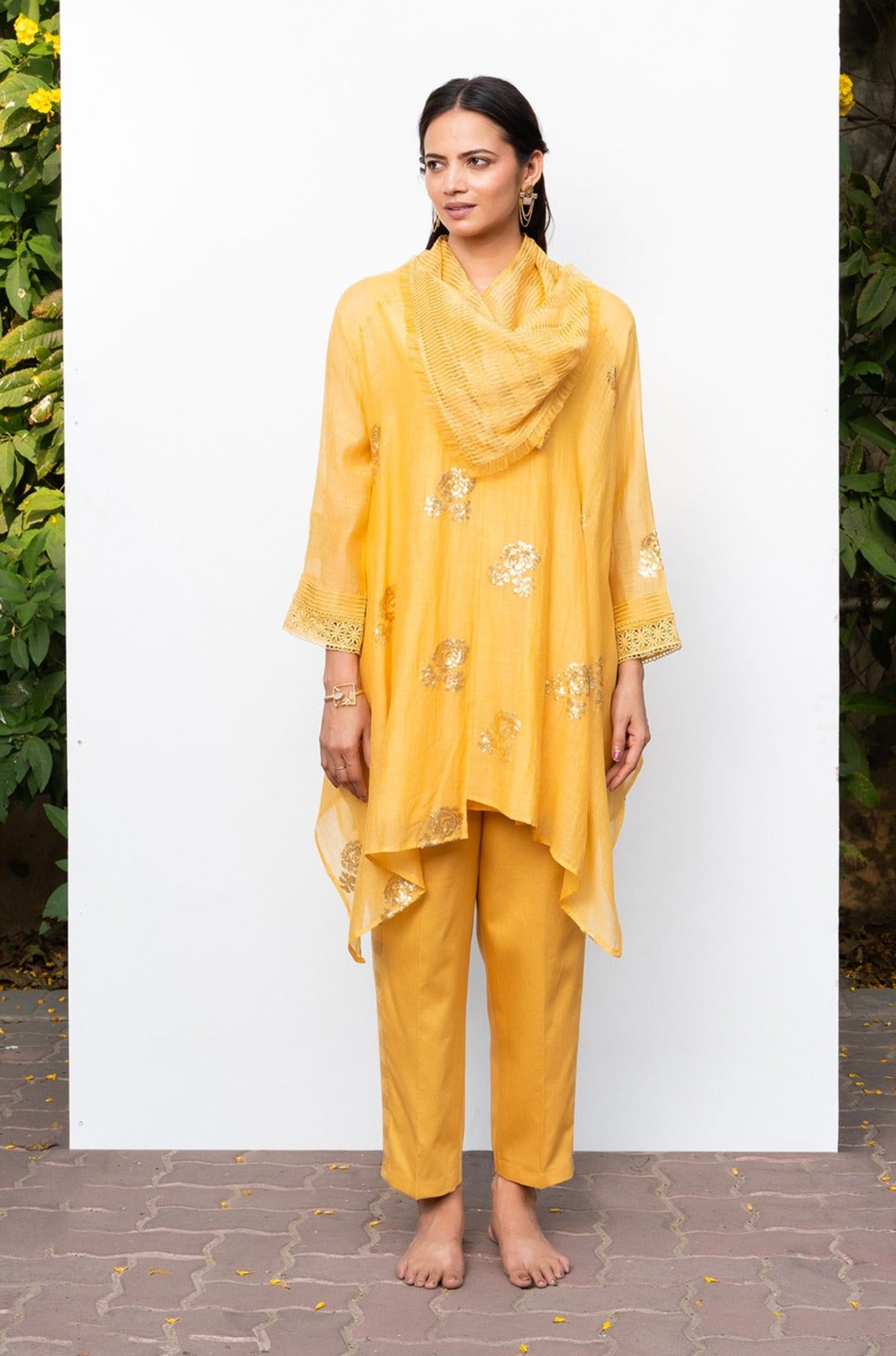 Yellow Sequin Embroidered Asymmetric Tunic with Cowl Neck