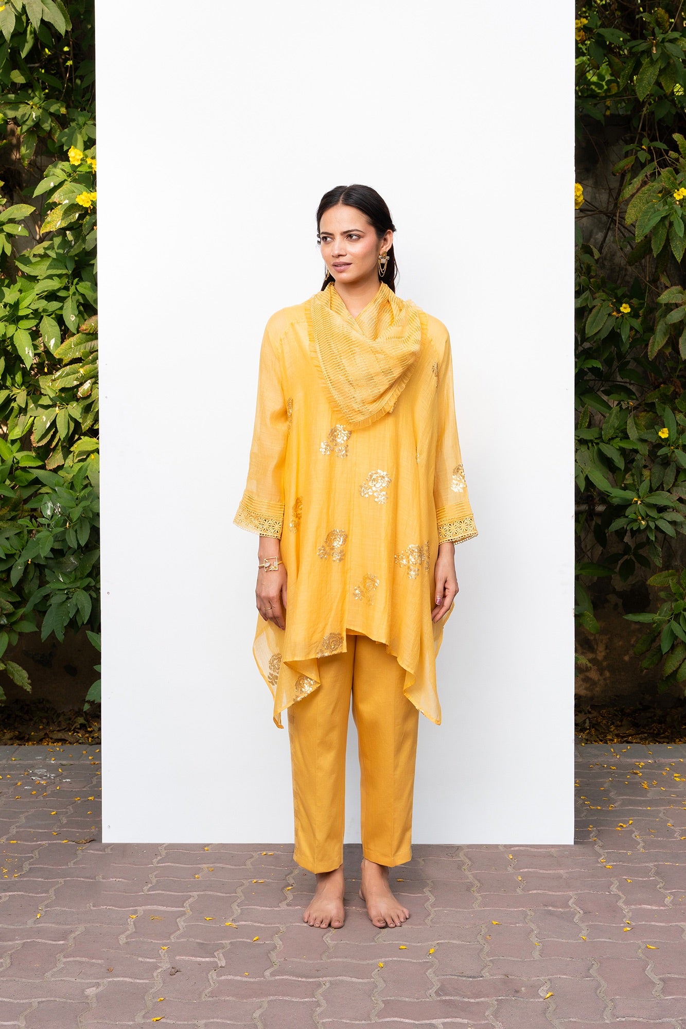 Yellow Sequin Embroidered Asymmetric Tunic with Cowl Neck