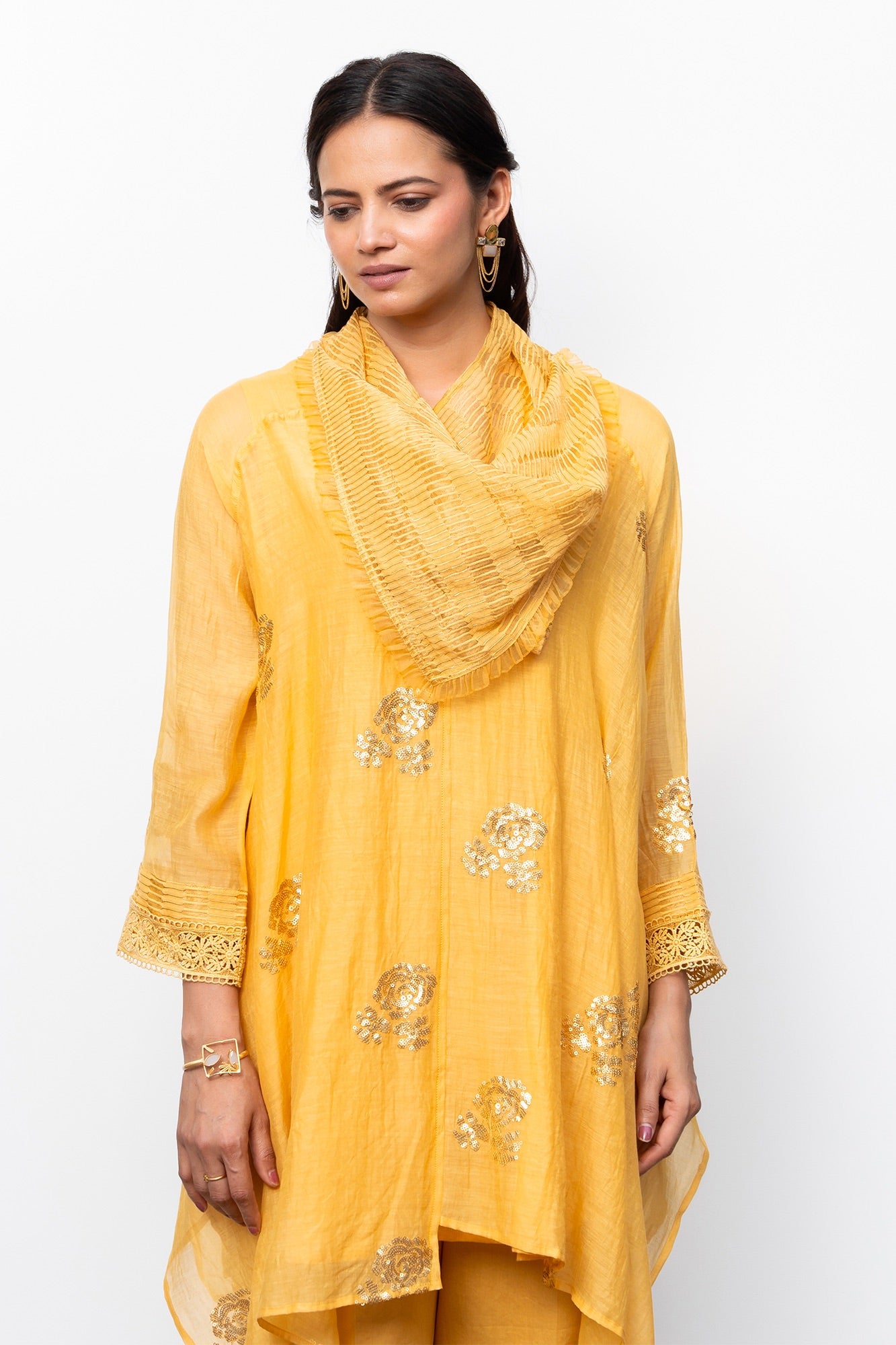 Yellow Sequin Embroidered Asymmetric Tunic with Cowl Neck