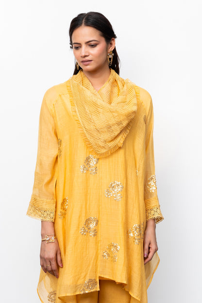 Yellow Sequin Embroidered Asymmetric Tunic with Cowl Neck