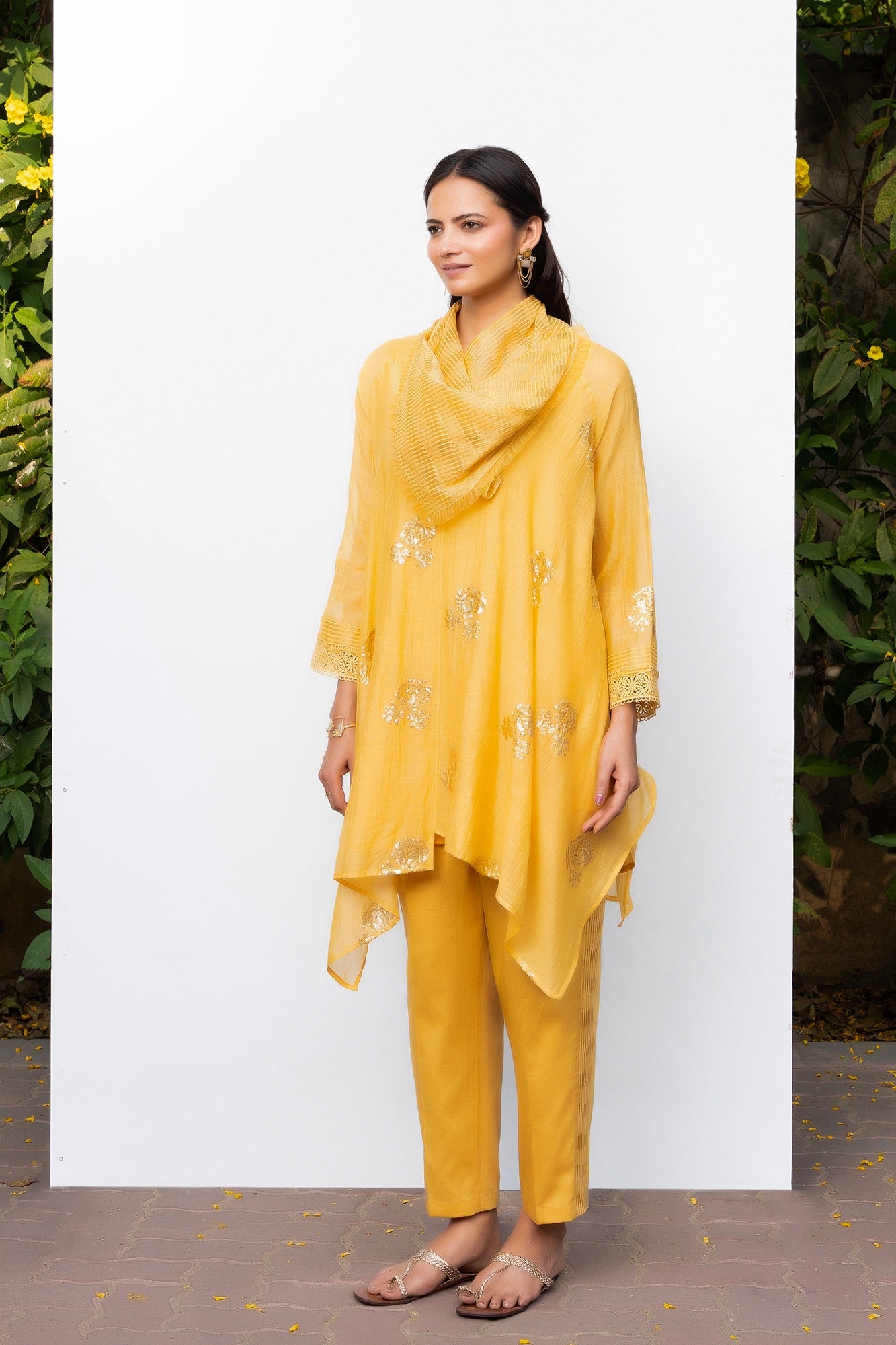 Yellow Sequin Embroidered Asymmetric Tunic with Cowl Neck