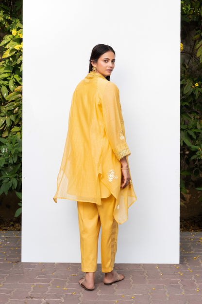 Yellow Sequin Embroidered Asymmetric Tunic with Cowl Neck