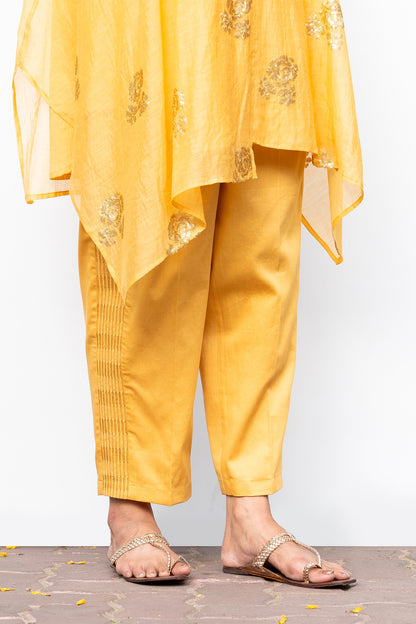 Yellow Sequin Embroidered Asymmetric Tunic with Cowl Neck