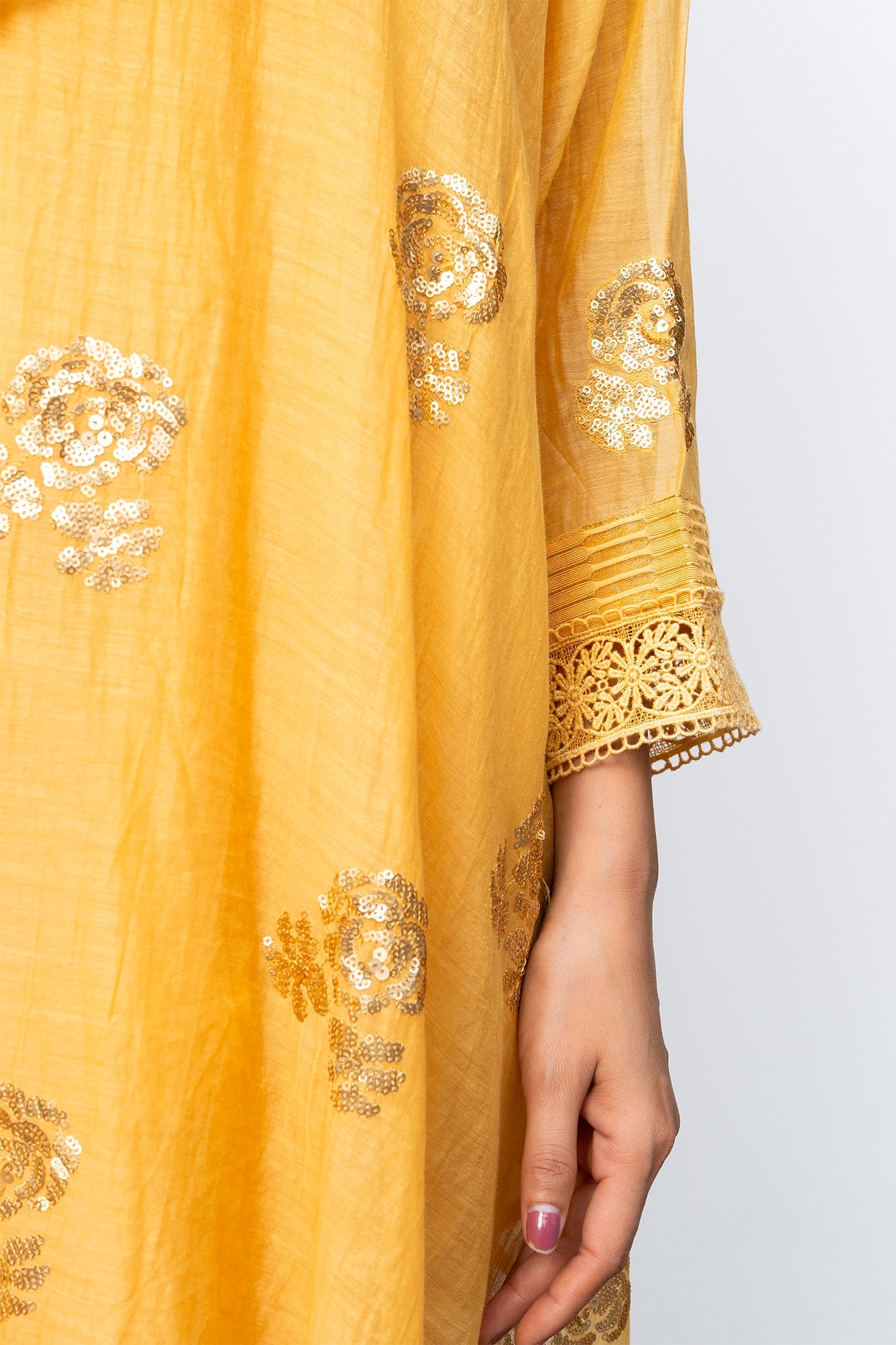 Yellow Sequin Embroidered Asymmetric Tunic with Cowl Neck