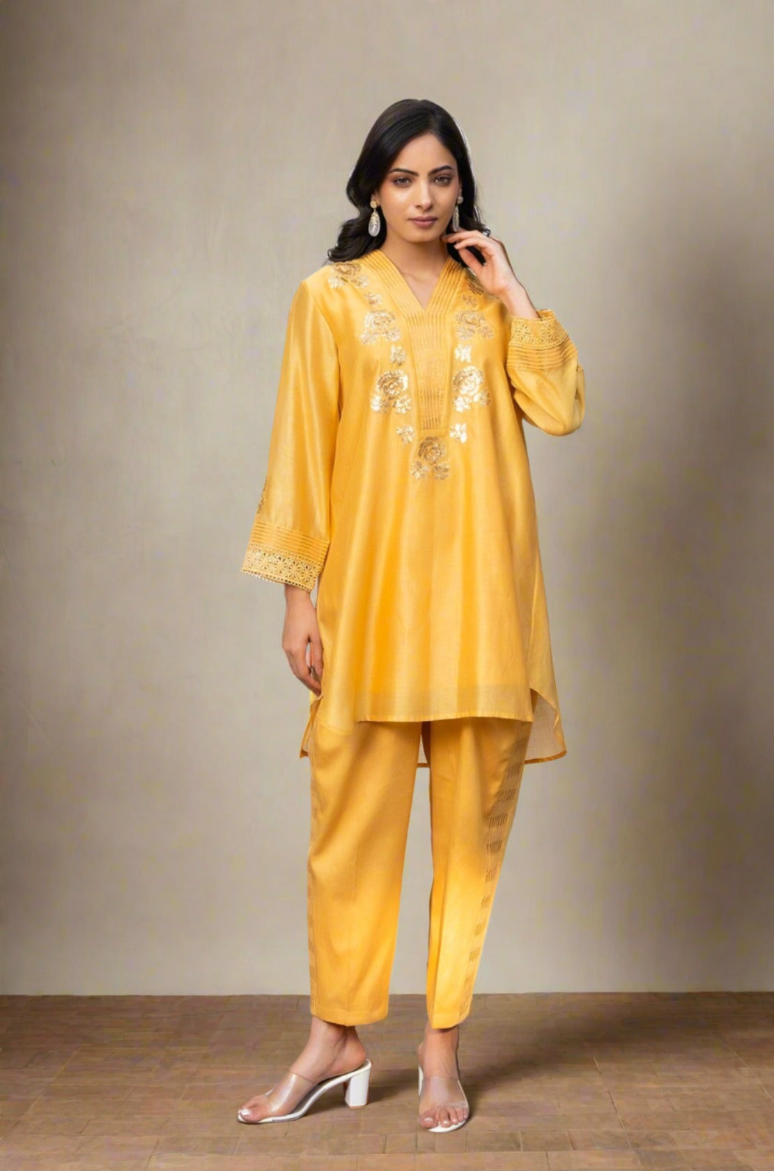 Yellow Rounded Set with Embroidered V-Neck