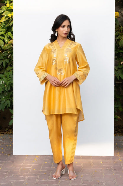 Yellow Rounded Set with Embroidered V-Neck