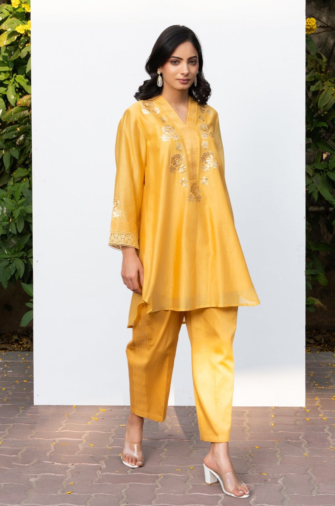 Yellow Rounded Set with Embroidered V-Neck