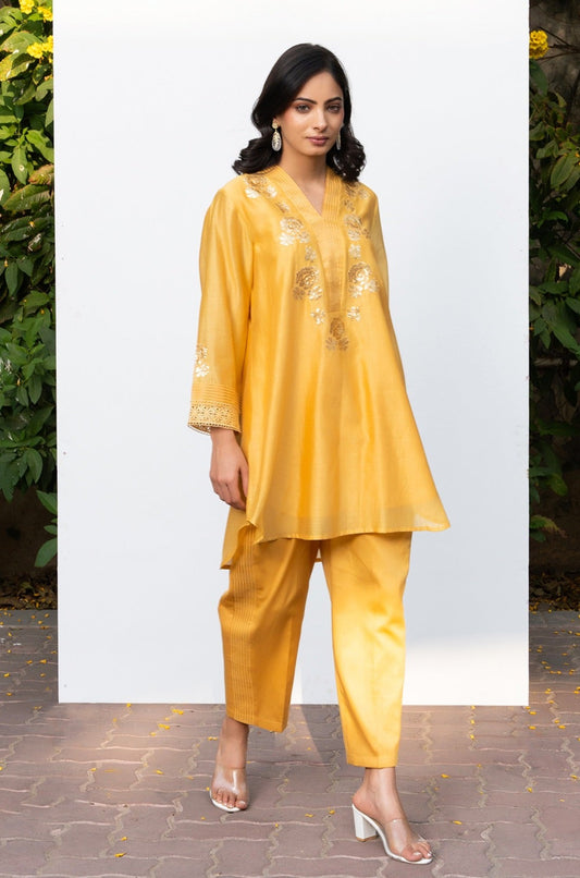 Yellow Rounded Set with Embroidered V-Neck