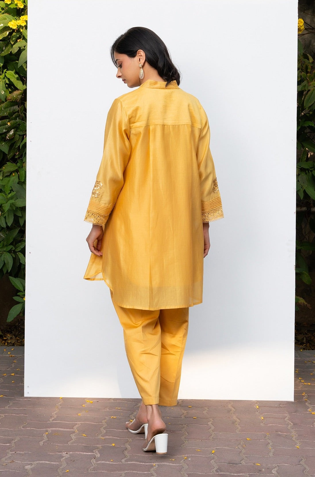 Yellow Rounded Set with Embroidered V-Neck