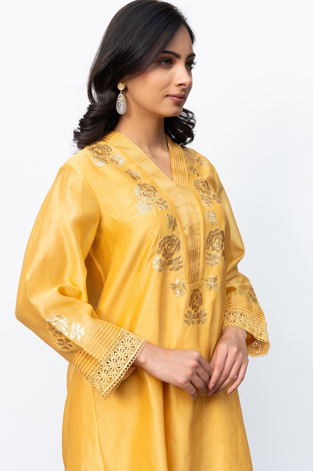 Yellow Rounded Set with Embroidered V-Neck