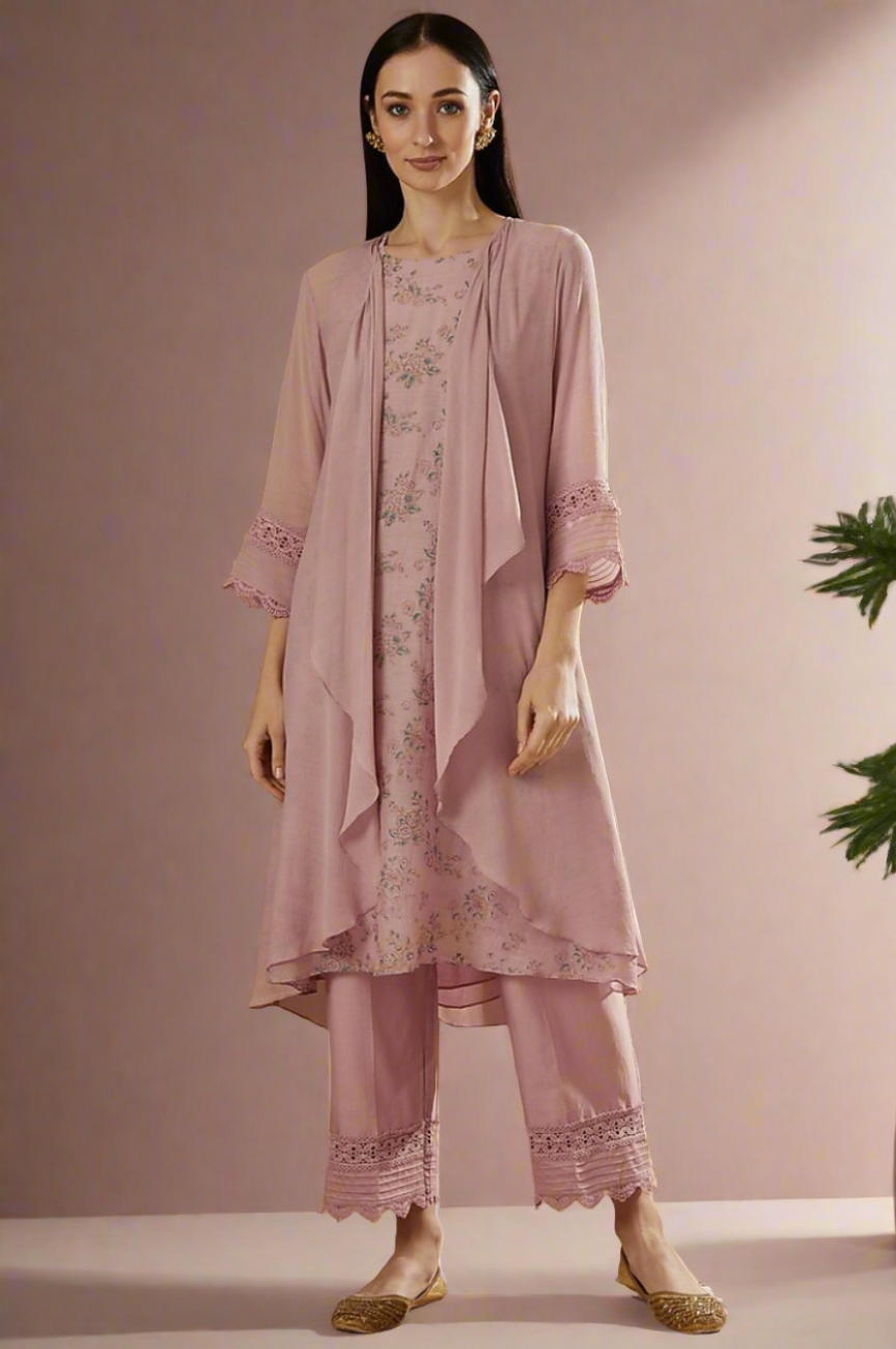 Shrug And Pant Set With Block Printed Inner