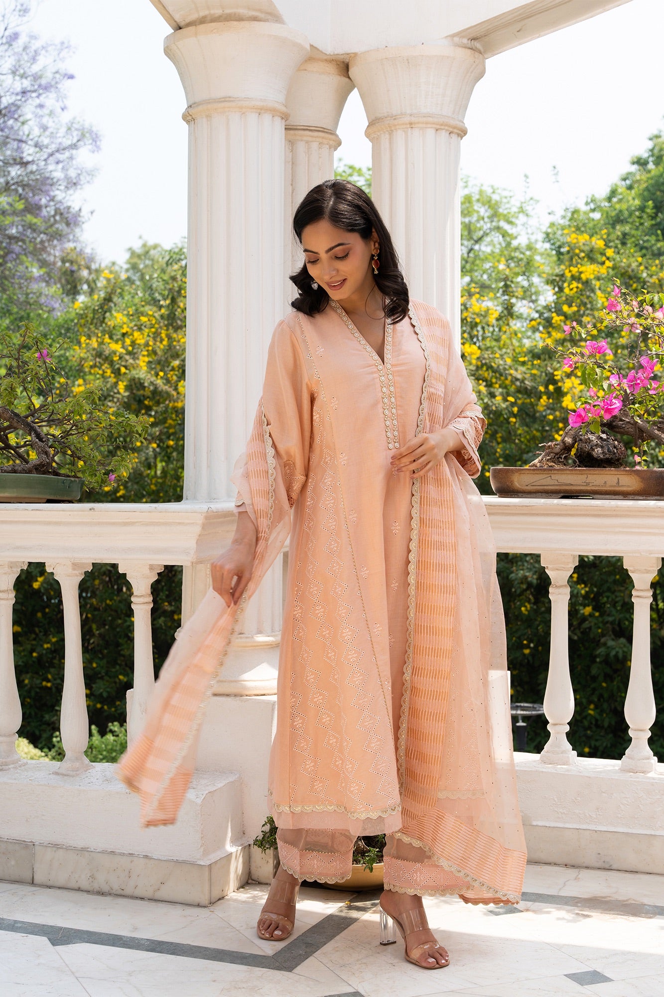 Peach Buti Embroidered Panelled Kurta Set