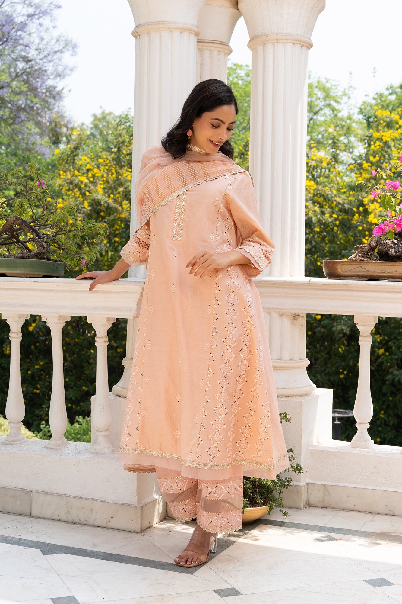 Peach Buti Embroidered Panelled Kurta Set