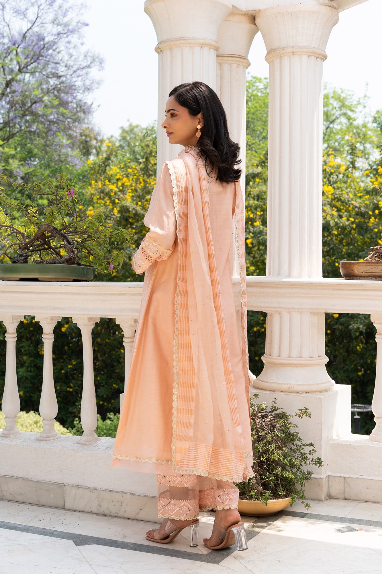 Peach Buti Embroidered Panelled Kurta Set