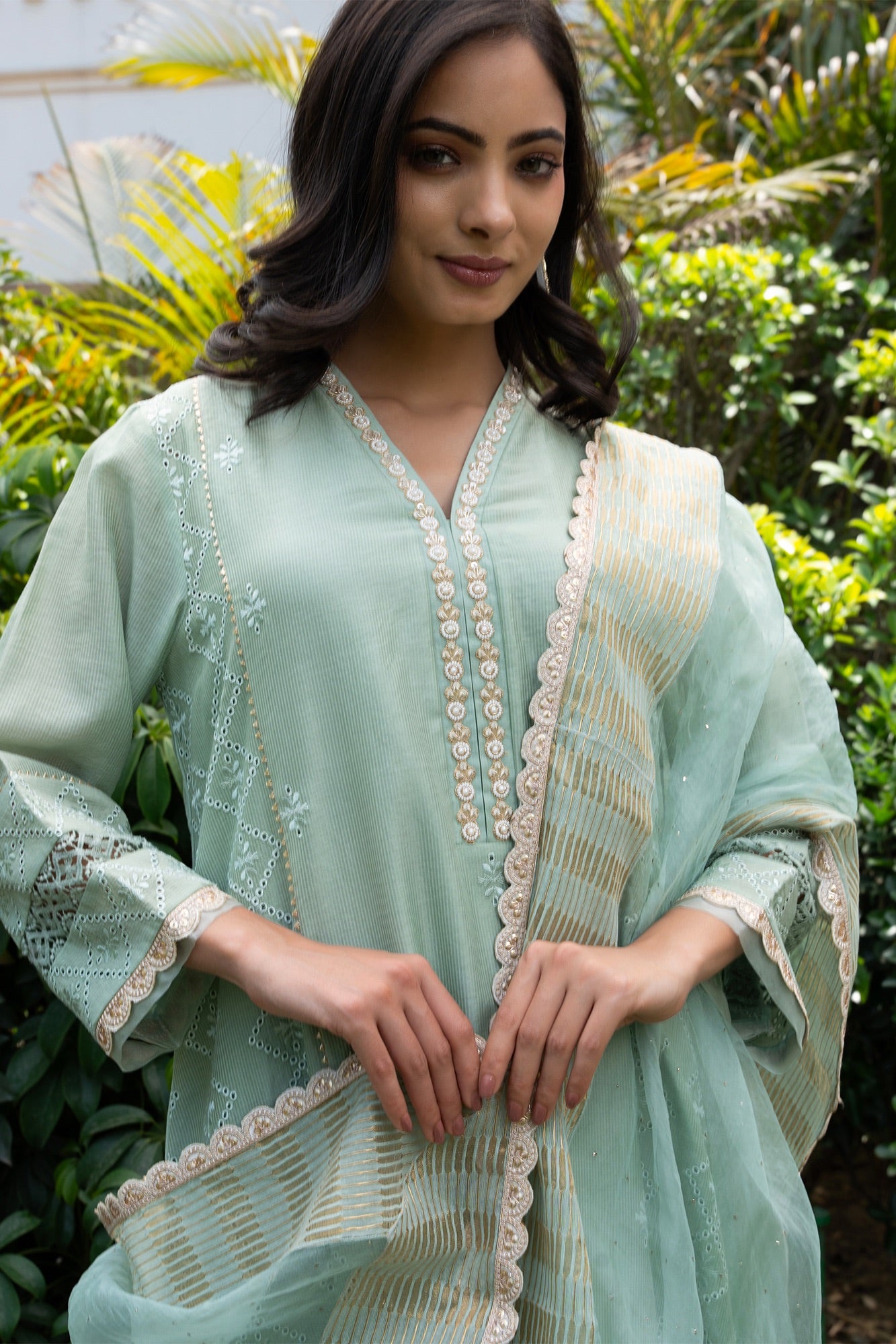 Sea-Green Buti Embroidered Panelled Kurta Set