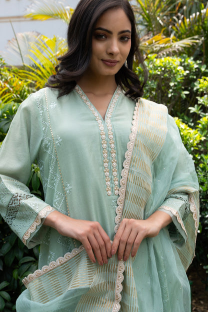 Sea-Green Buti Embroidered Panelled Kurta Set