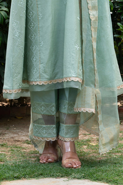 Sea-Green Buti Embroidered Panelled Kurta Set