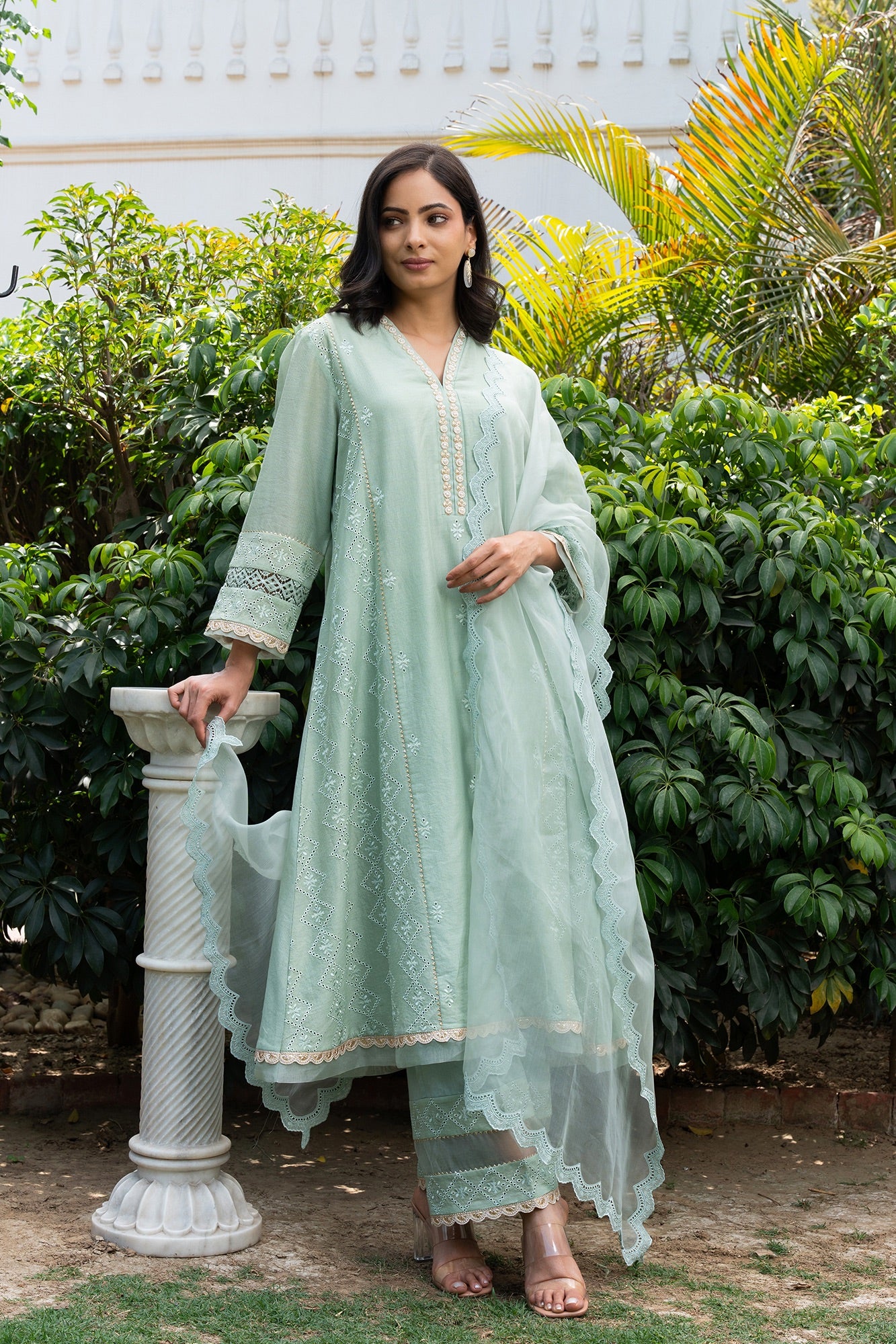 Sea-Green Buti Embroidered Panelled Kurta Set