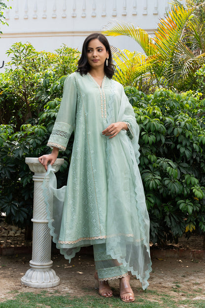 Sea-Green Buti Embroidered Panelled Kurta Set